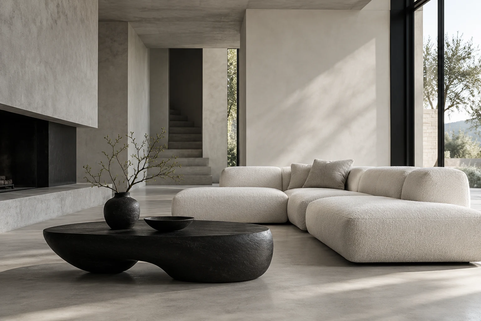 Concept living room with a white sofa and sculptural black table
